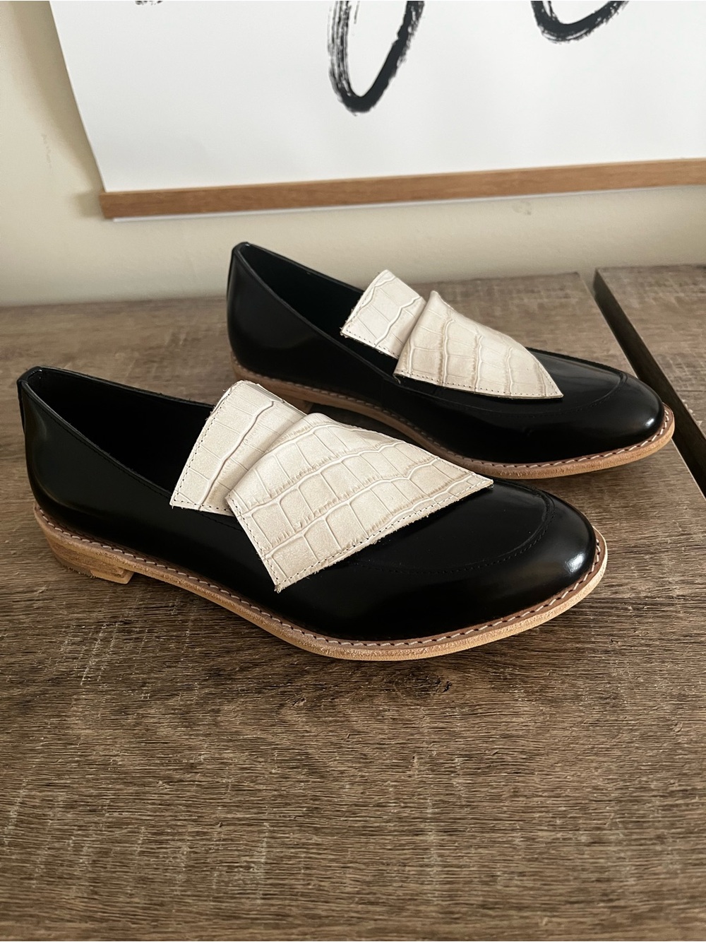 NEW “All Black” Black/Cream Leather Loafers /Anthropologie $198